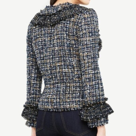 Ann Taylor Ruffle Tweed Blazer Size 6. Navy Blue Multicolor Shimmer Raw Edge - Picture 4 of 13